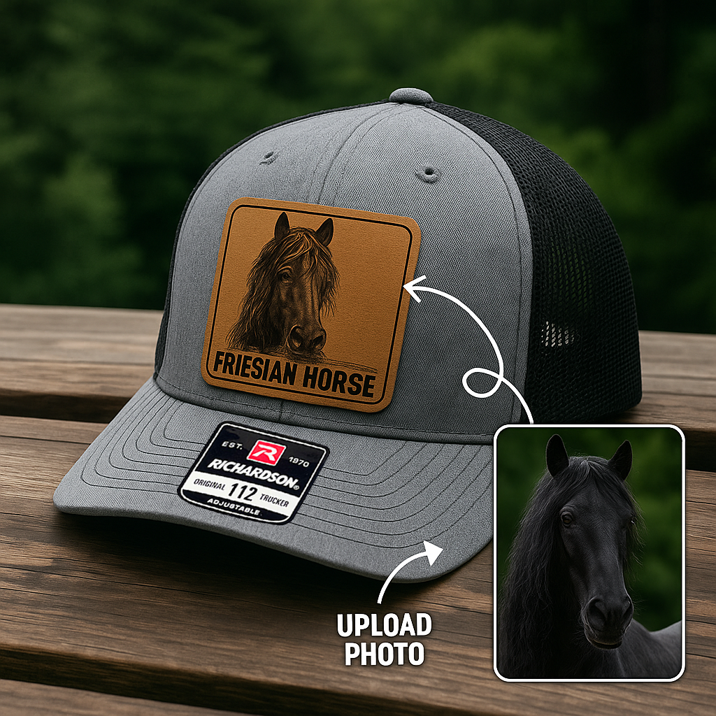 Custom Pet Photo Trucker Hat – Personalized Leather Patch Hat – Horse Owner Gift – Custom Animals Hat NGOC99A10