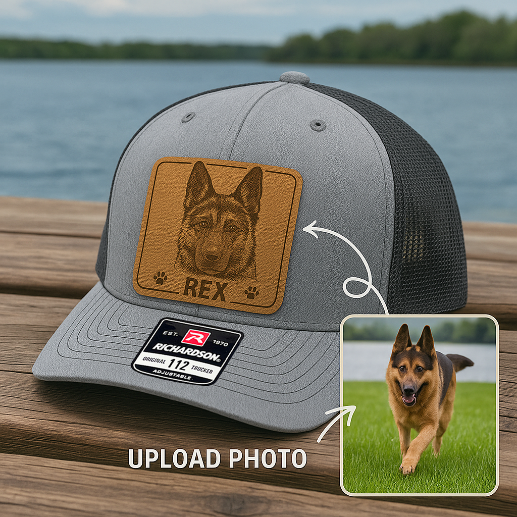 Custom Pet Photo Trucker Hat – Personalized Leather Patch Hat – Dog Owner Gift – Custom Pet Hat NGOC99A9