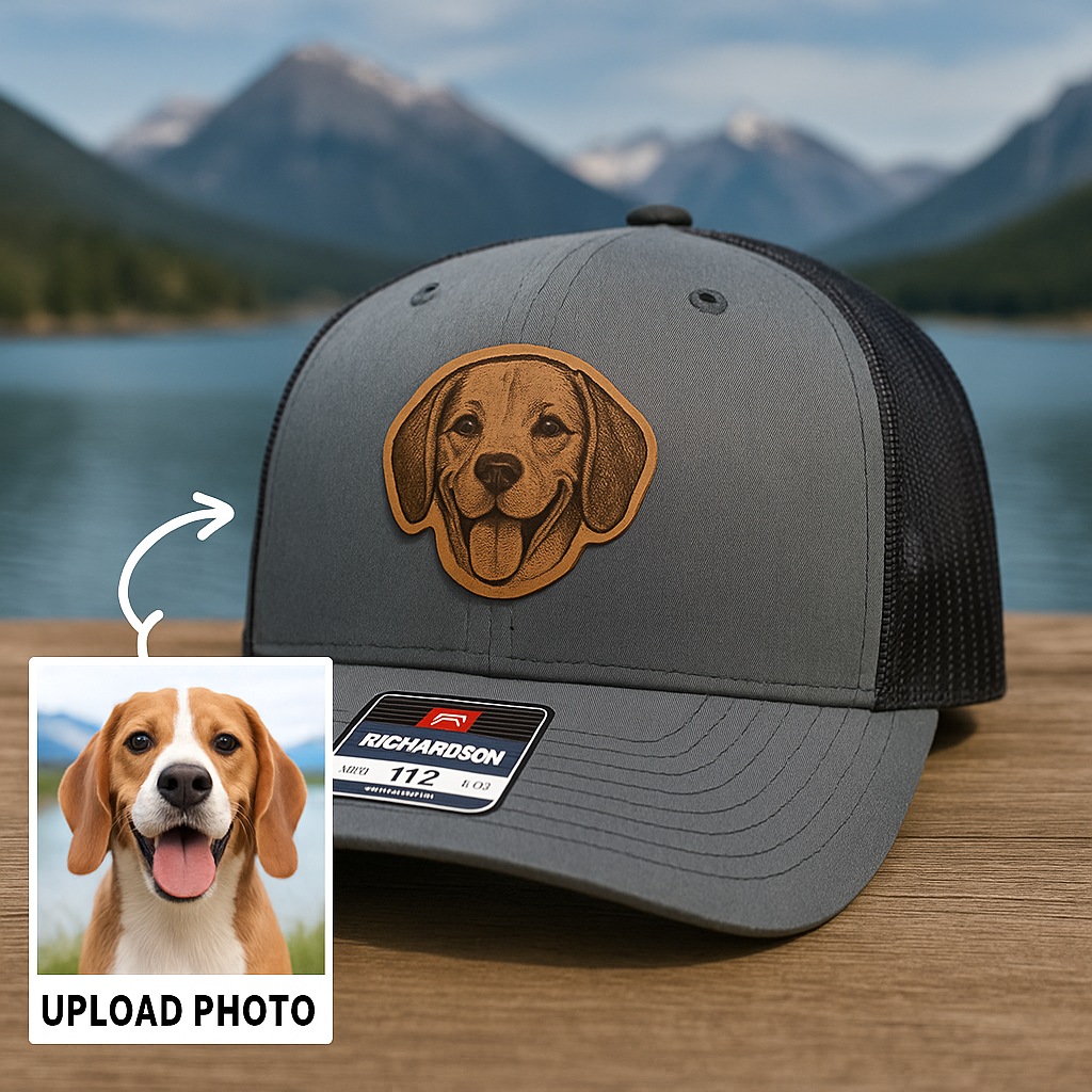 Custom Pet Photo Trucker Hat – Personalized Leather Patch Hat – Dog Gift – Custom Pet Face Hat NGOC99A7