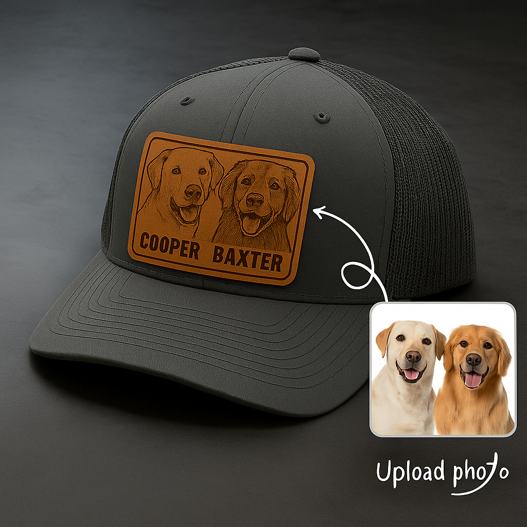 Custom Pet Photo Trucker Hat – Personalized Leather Patch Hat – Couple Dogs Gift – Custom Pet Memorial Hat - Dog Gift - Engraved Hat NGOC99A3