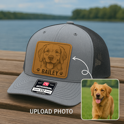 Custom Pet Photo Trucker Hat – Personalized Leather Patch Hat – Dog Portrait Gift – Custom Pet Face Hat NGOC99A8