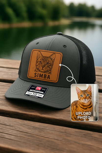 Custom Pet Photo Trucker Hat – Personalized Leather Patch Hat – Pet Gift – Custom Pet Memorial Hat - Cat Lover Gift - Engraved Hat NGOC99A2