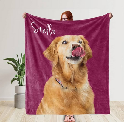 Custom Dog Portrait Photo Watercolor Blanket