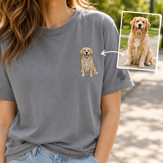 Custom Dog Mom Embroidered T-Shirt, Personalized Pet Portrait Tee, Dog Photo Shirt THUC99