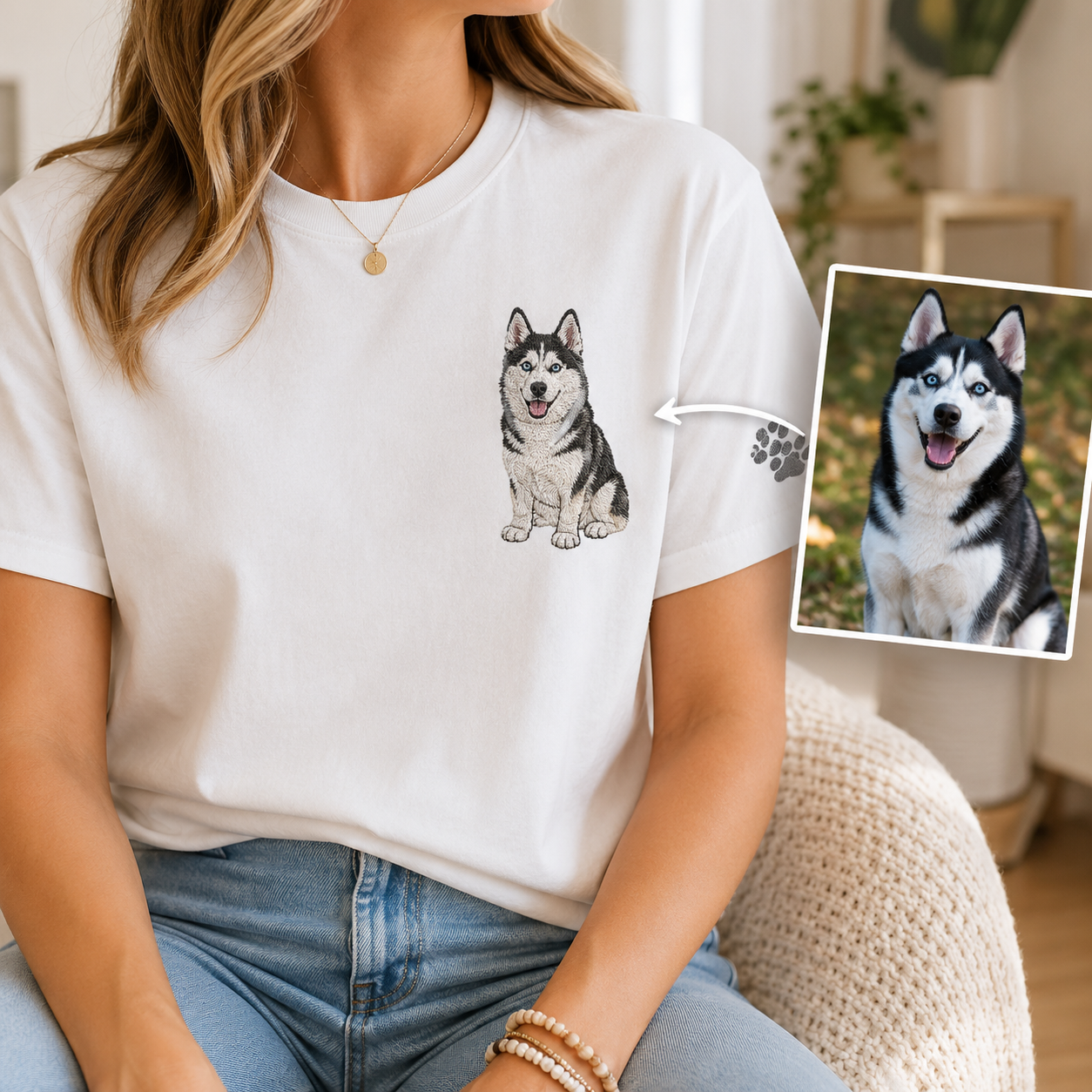 Custom Dog Mom Embroidered T-Shirt, Personalized Pet Portrait Tee, Dog Photo Shirt THUC99