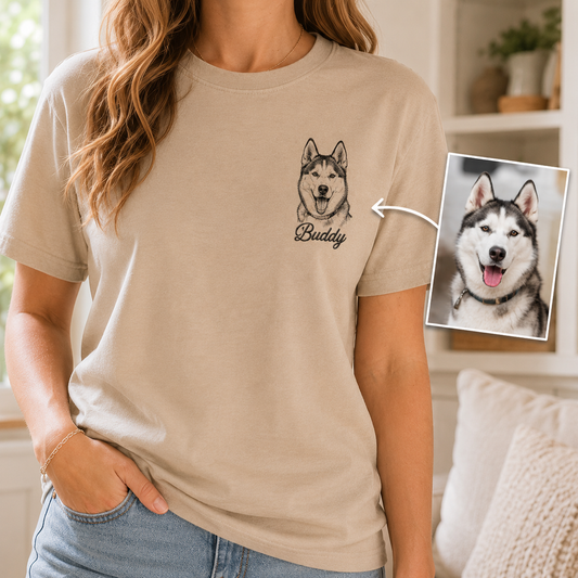 Custom Pet Portrait Embroidery Shirt, Personalized Dog Photo T-Shirt, Pet Owner Gift THUC99