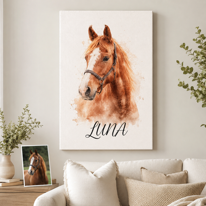 Custom Photo Water Color Horse Wall Art Canvas | Personalized Horse Photo Canvas | Gift For Horse Lovers TOM99