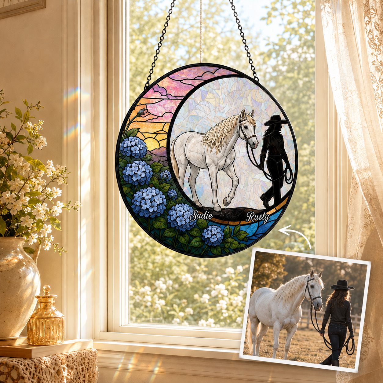 Custom Photo Horse Memories Stained Glass Suncatcher – Personalized Horse Lover Gifts | Gift For Horse Lover TOM99