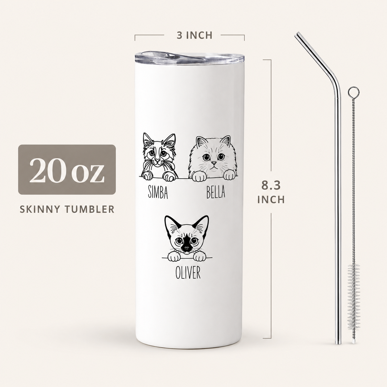 Personalized Photo My Pretty Cats 20oz Skinny Tumbler – Custom Cat Photo Skinny Tumbler For Woman and Cat Owners TOM99