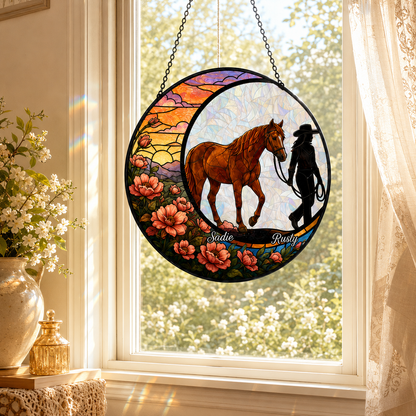 Custom Photo Horse Memories Stained Glass Suncatcher – Personalized Horse Lover Gifts | Gift For Horse Lover TOM99