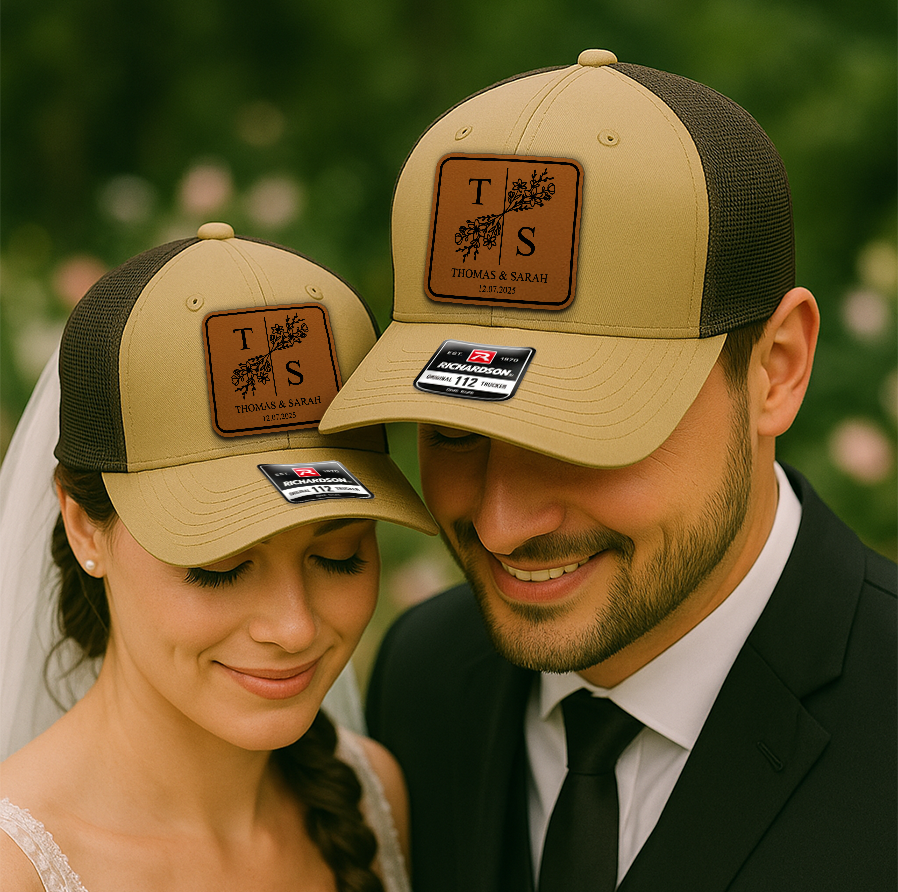 Custom Wedding Hats – Personalized Trucker Caps with Couple Initials & Date, Matching Hats for Bride and Groom VHA163
