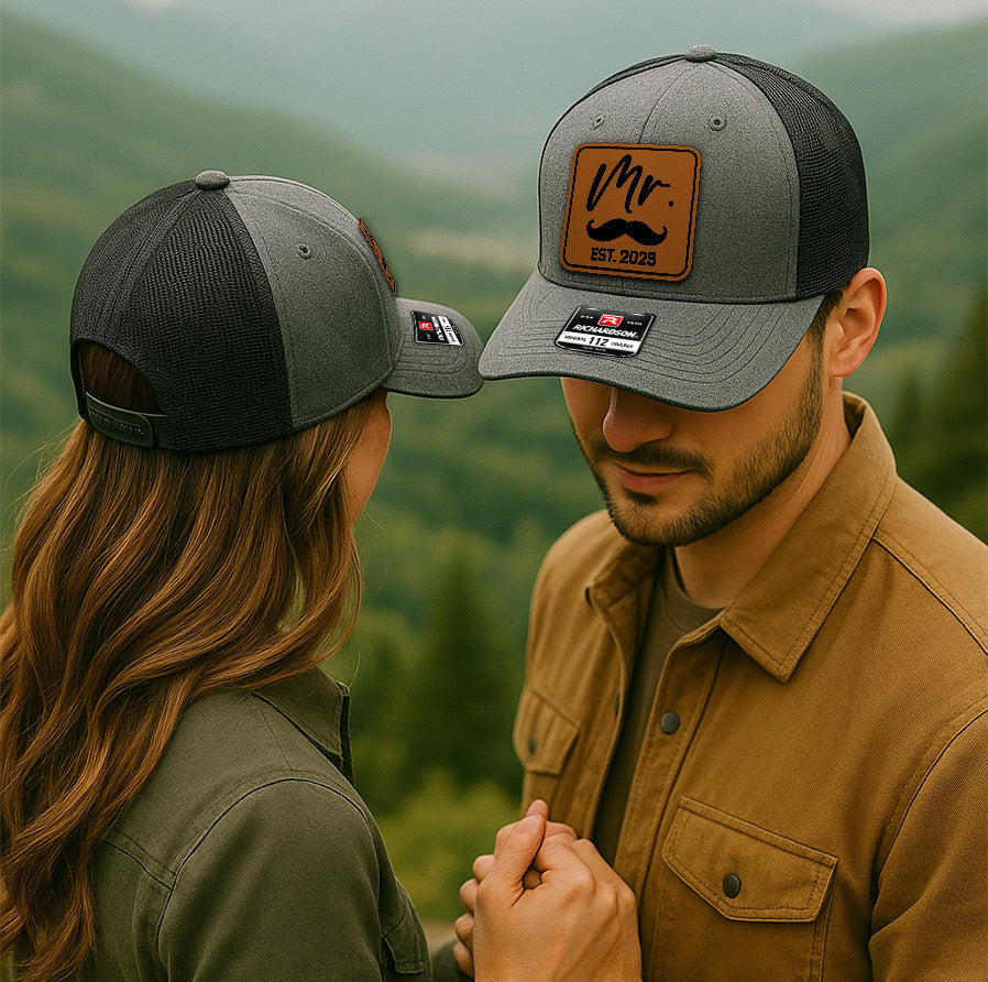 Custom Wedding Trucker Hats – Mr. and Mrs. EST. 2025 Matching Green Caps for Bride & Groom, Romantic Gift Set VHA163