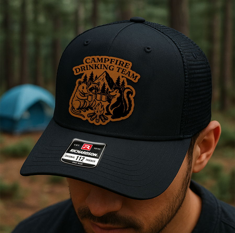 Custom “Campfire Drinking Team” Trucker Hat – Funny Camping Beer Cap – Richardson 112 Outdoor Hat VHA163