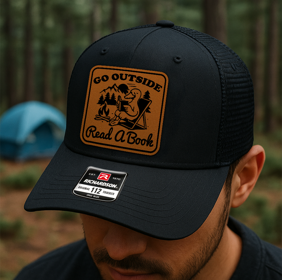Custom Camping Book Lover Hat – “Go Outside Read A Book” Trucker Cap – Richardson 112 Outdoor Gift VHA163