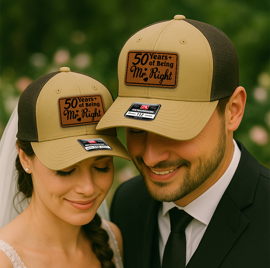 Custom Anniversary Hat – 50 Years of Being Mr. Right Cap, Personalized Gift for Husband, Golden Wedding Hat VHA163