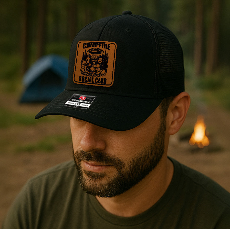 Custom “Campfire Social Club” Trucker Hat – Funny Camping Alien & Bigfoot Cap – Richardson 112 Outdoors Hat VHA163