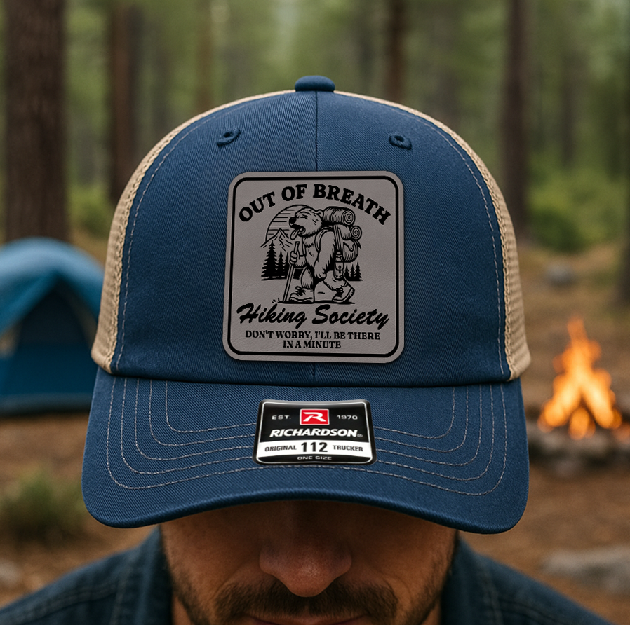 Custom Funny Hiking Hat – “Out of Breath Hiking Society” Trucker Cap – Richardson 112 Outdoors Gift VHA163