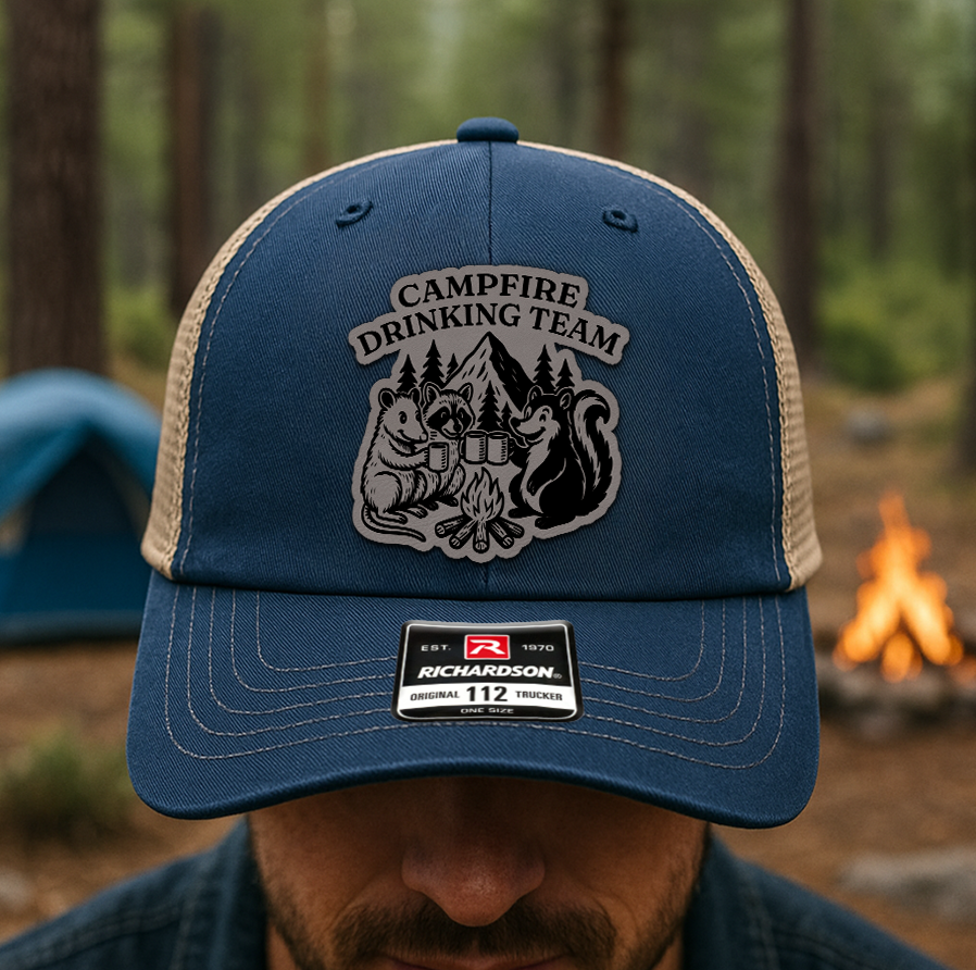 Custom “Campfire Drinking Team” Trucker Hat – Funny Camping Beer Cap – Richardson 112 Outdoor Hat VHA163