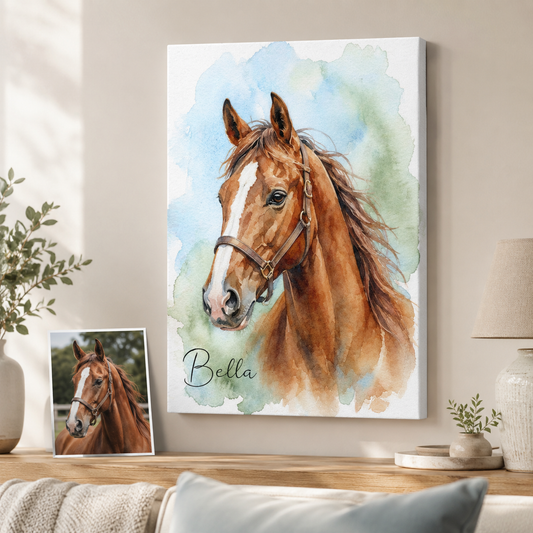 Custom Photo Water Color Horse Wall Art Canvas | Personalized Horse Photo Canvas | Gift For Horse Lovers TOM99
