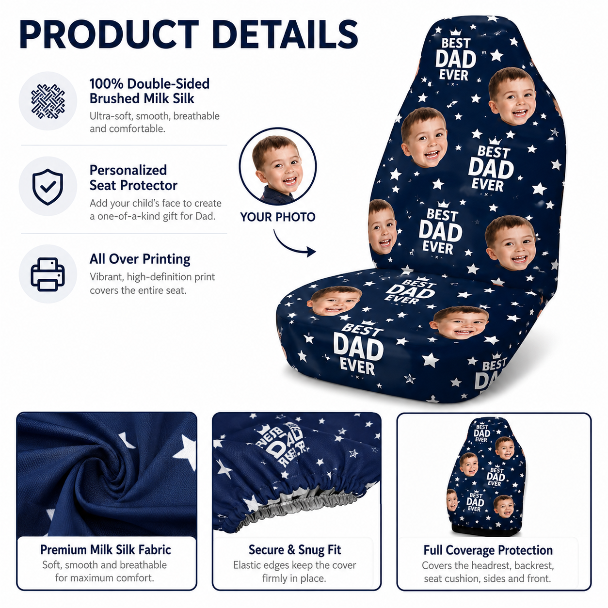 Personalized Best Dad Portrait Car Seat Cover, Custom Dad Seat Protector, Gift For Dad TOM99