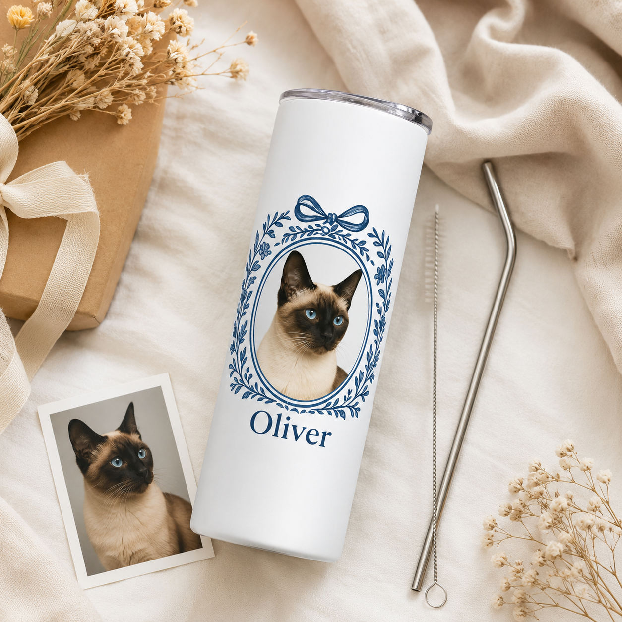 Personalized Photo Cat 20oz Skinny Tumbler – Custom Cat Photo Skinny Tumbler for Woman and Cat Owners TOM99
