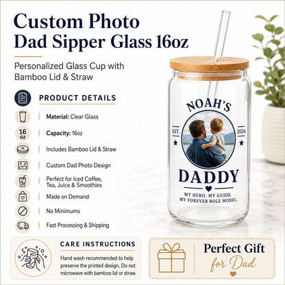 Custom Dad Est Glass 16oz – Personalized Dad Glass Cup with Bamboo Lid & Straw | Gift For Father  TOM99