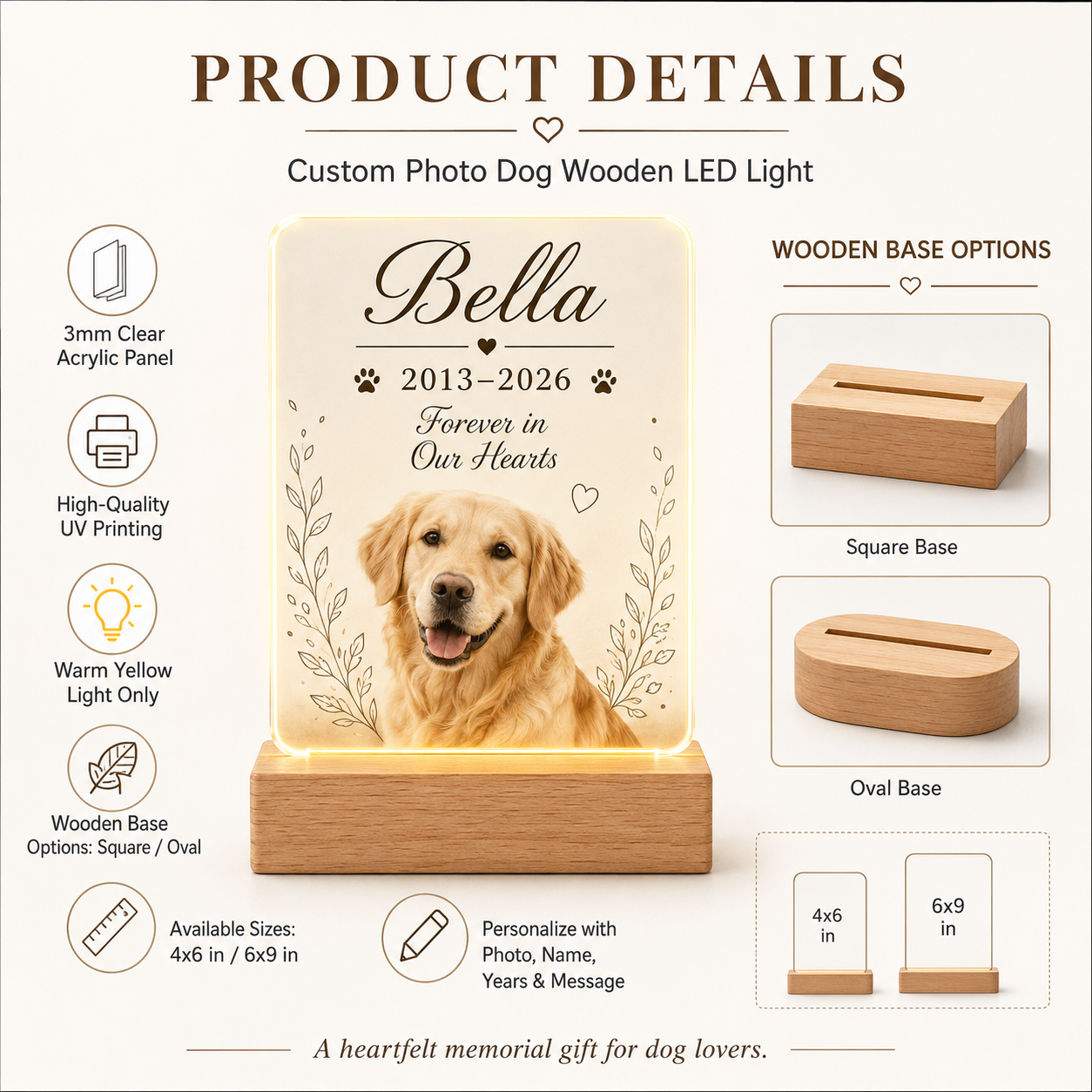 Custom Photo Dog Wooden LED Light | Personalized Dog Photo LED Night Light | Pet Loss Sympathy Gift TOM99