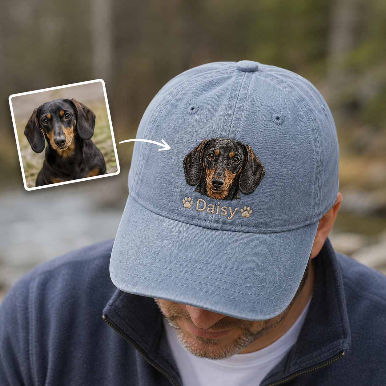Custom Dog Name Embroidered Hat, Personalized Pet Portrait Vintage Cap THUC99