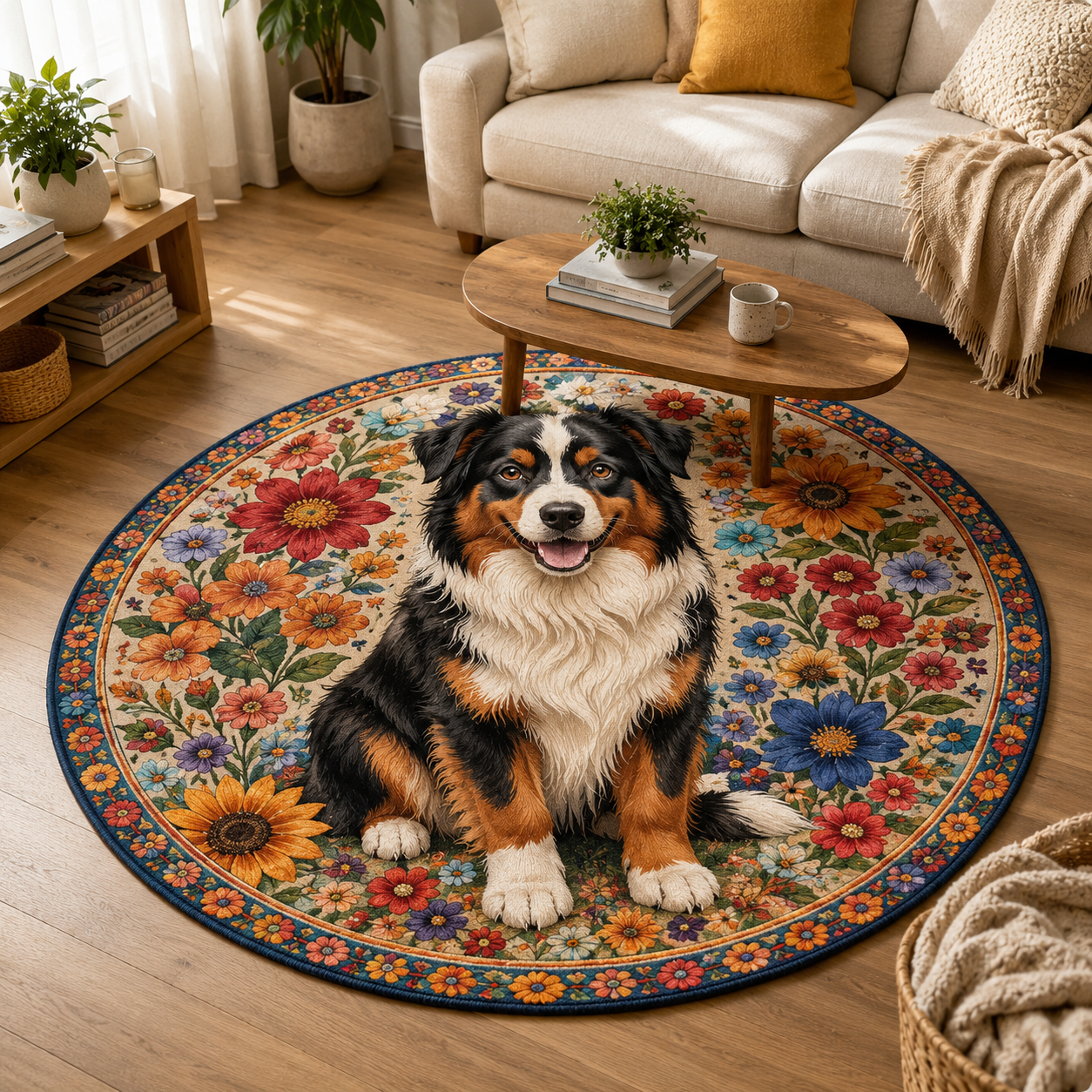 Custom Photo Dog Flower Round Carpet | Photo Pet Round Rug | Gift For Dog Lovers