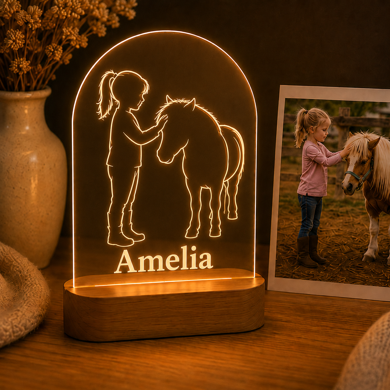Custom Photo Baby Girl & Horse Wooden Led Light | Personalized Horse Photo Wooden Led Light | Gift For Horse Lovers TOM99