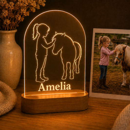 Custom Photo Baby Girl & Horse Wooden Led Light | Personalized Horse Photo Wooden Led Light | Gift For Horse Lovers TOM99
