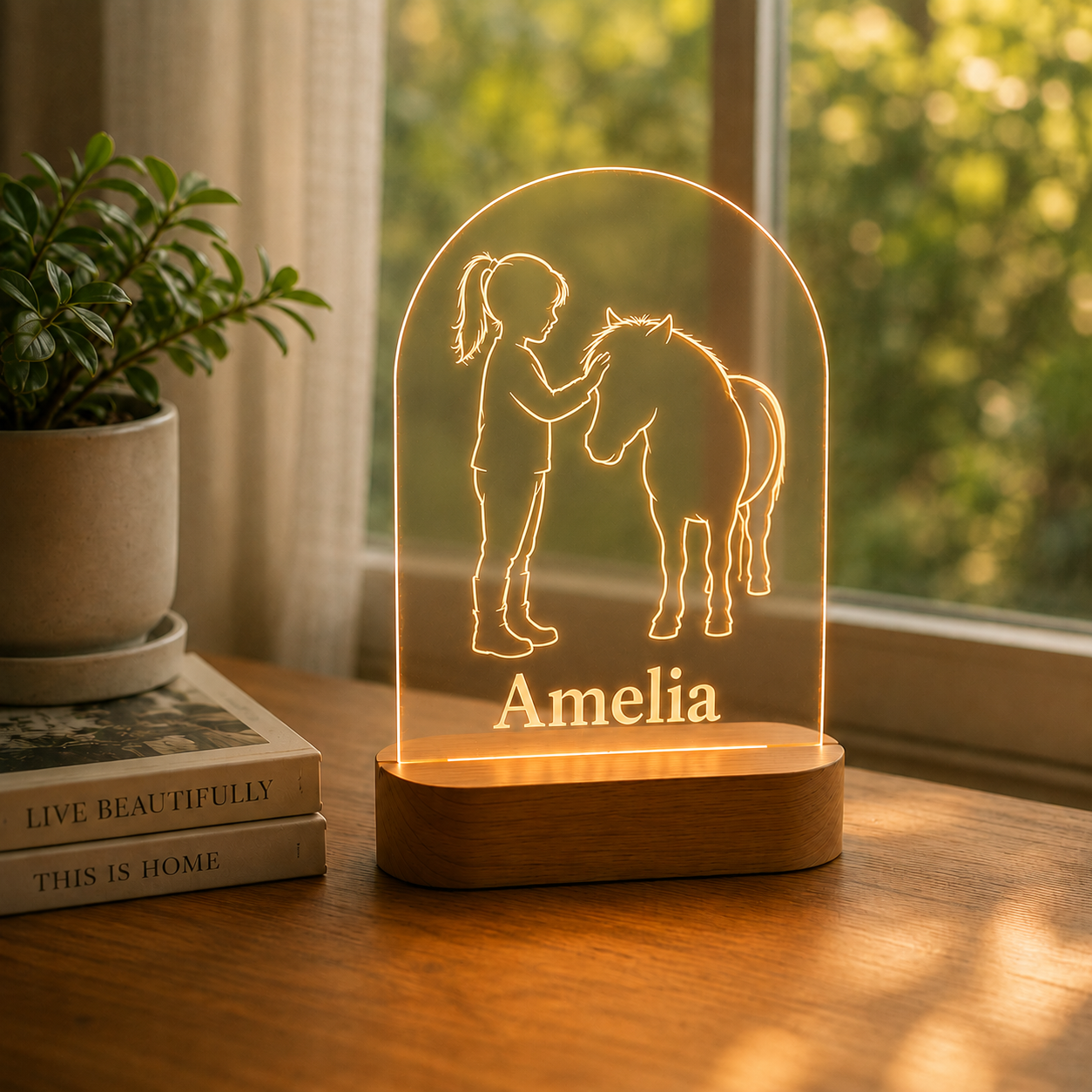 Custom Photo Baby Girl & Horse Wooden Led Light | Personalized Horse Photo Wooden Led Light | Gift For Horse Lovers TOM99