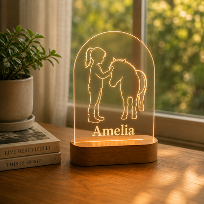 Custom Photo Baby Girl & Horse Wooden Led Light | Personalized Horse Photo Wooden Led Light | Gift For Horse Lovers TOM99