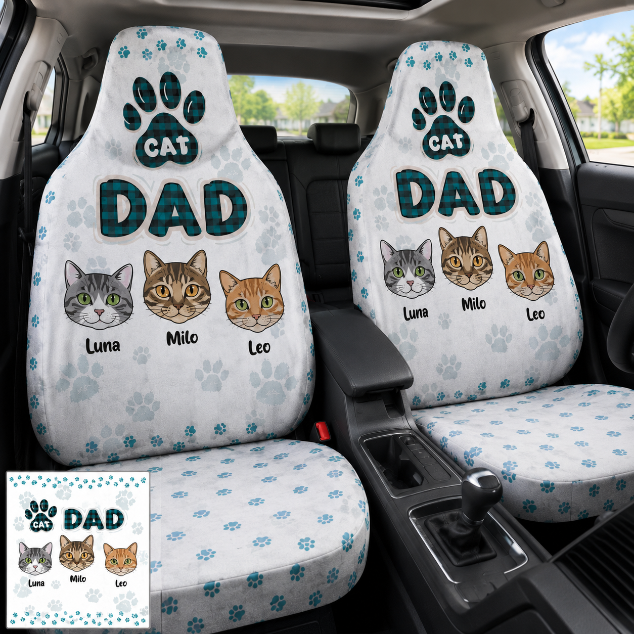 Personalized Cat Dad Portrait Car Seat Cover, Custom Dad Seat Protector, Gift For Dad TOM99