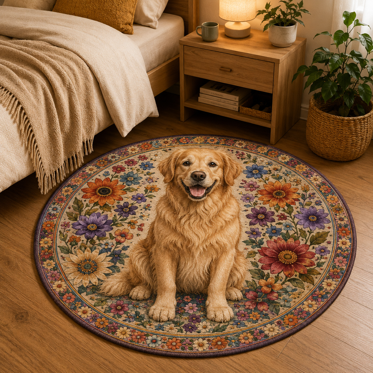 Custom Photo Dog Flower Round Carpet | Photo Pet Round Rug | Gift For Dog Lovers