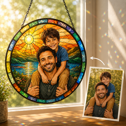 Custom Dad & Son Photo Stained Glass Suncatcher – Personalized Dad Gifts | Gift For Dad TOM99