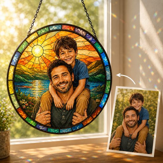 Custom Dad & Son Photo Stained Glass Suncatcher – Personalized Dad Gifts | Gift For Dad TOM99