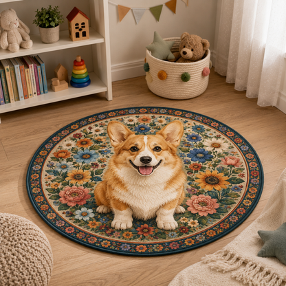 Custom Photo Dog Flower Round Carpet | Photo Pet Round Rug | Gift For Dog Lovers