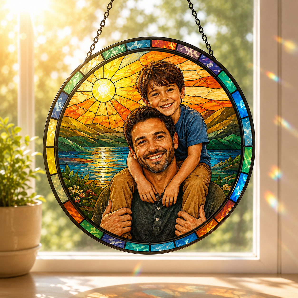 Custom Dad & Son Photo Stained Glass Suncatcher – Personalized Dad Gifts | Gift For Dad TOM99