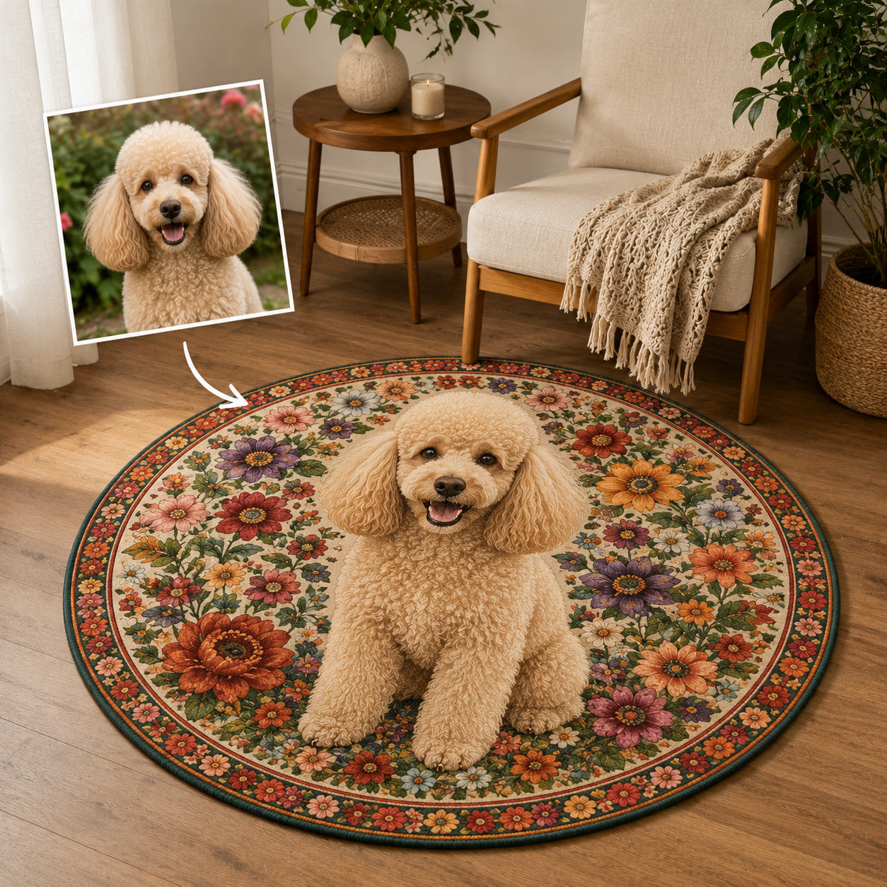 Custom Photo Dog Flower Round Carpet | Photo Pet Round Rug | Gift For Dog Lovers
