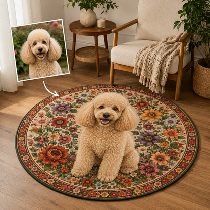 Custom Photo Dog Flower Round Carpet | Photo Pet Round Rug | Gift For Dog Lovers