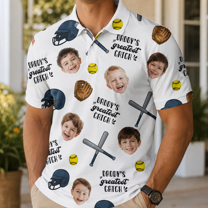 Custom Photo Daddy's Greatest Catch Polo Shirt, Personalized Polo Shirt For Husband Dad Grandfather TOM99
