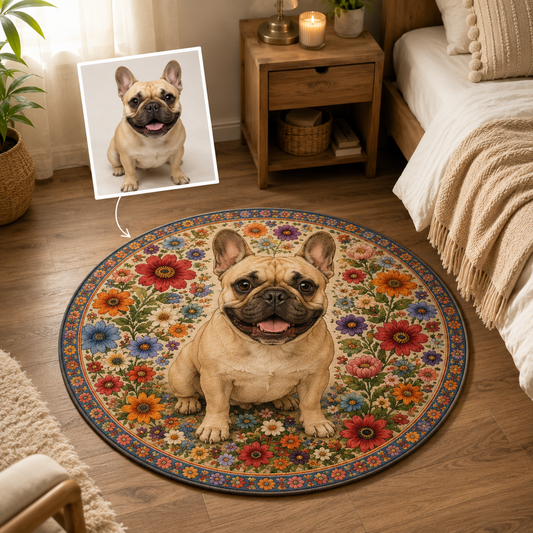 Custom Photo Dog Flower Round Carpet | Photo Pet Round Rug | Gift For Dog Lovers
