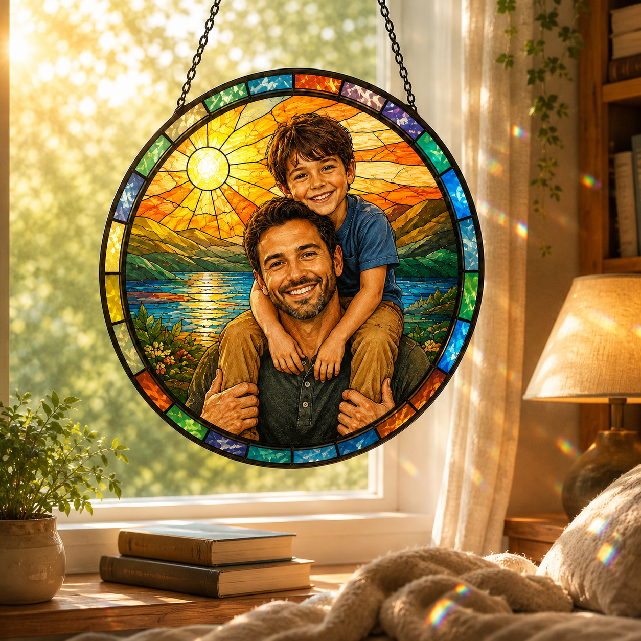 Custom Dad & Son Photo Stained Glass Suncatcher – Personalized Dad Gifts | Gift For Dad TOM99