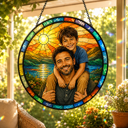 Custom Dad & Son Photo Stained Glass Suncatcher – Personalized Dad Gifts | Gift For Dad TOM99