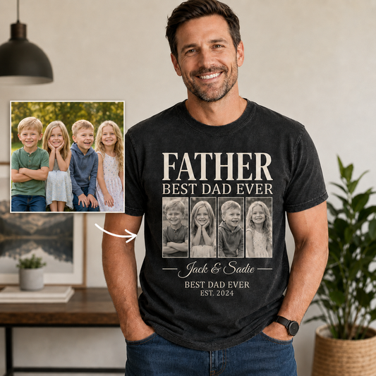 Custom Daddy & KIds Photo Wash T-Shirt, Personalized Dad Gifts | Gift For Dad TOM99