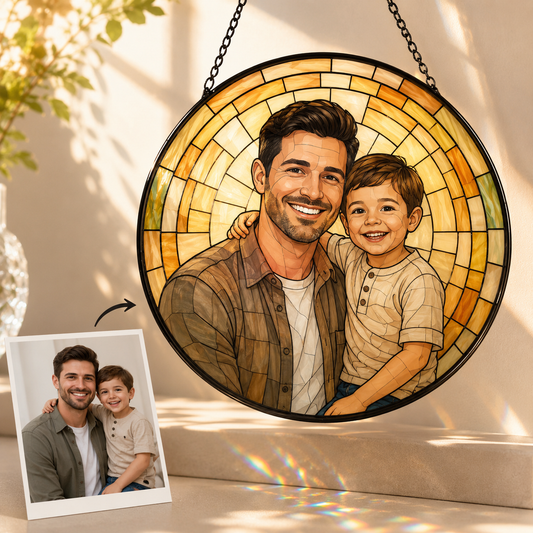 Custom Dad Papa Photo Stained Glass Suncatcher – Personalized Dad Gifts | Gift For Dad TOM99