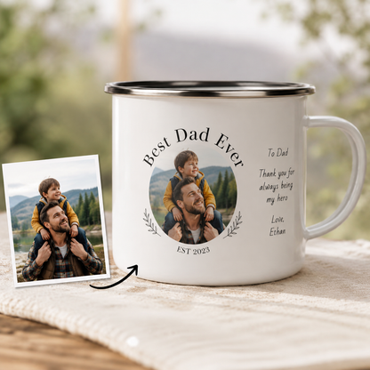 Personalized Best Dad Photo Camp Mug 12oz, Custom Dad Enamel Cup, Gift For Dad TOM99