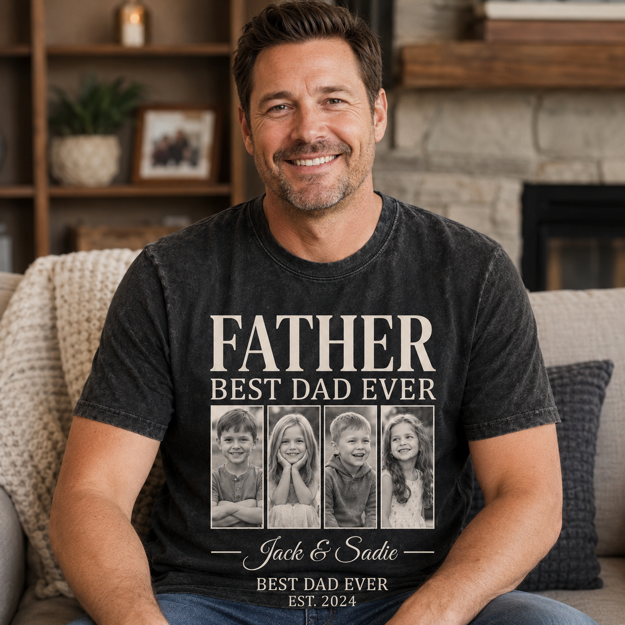 Custom Daddy & KIds Photo Wash T-Shirt, Personalized Dad Gifts | Gift For Dad TOM99