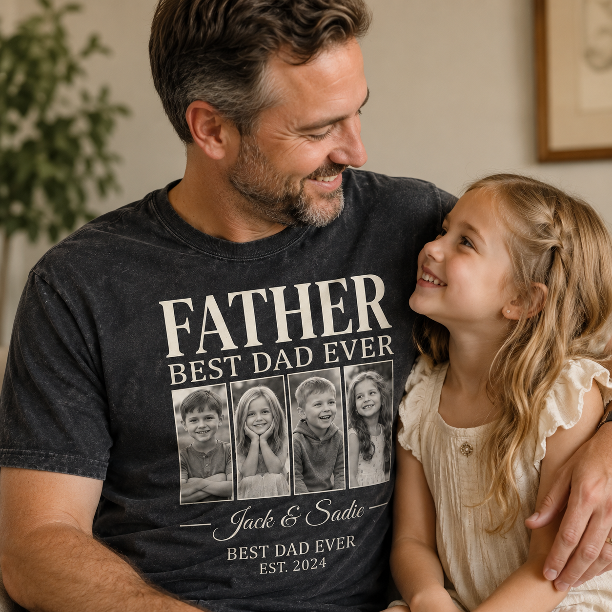 Custom Daddy & KIds Photo Wash T-Shirt, Personalized Dad Gifts | Gift For Dad TOM99